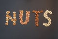 Nuts in the form of inscriptions `Nuts` Royalty Free Stock Photo