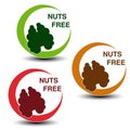 Nuts free symbols on white background. Silhouettes walnut in a circle with shadow.