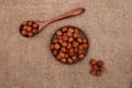 Nuts hazelnut in a wooden spoon and a brown earthenware plate on old burlap