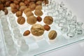 Nuts improve brain efficiency visualization - chess, chessboard with nuts Royalty Free Stock Photo