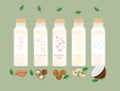 NUTS MILK Set. Bottles of plant based vegan nuts milk