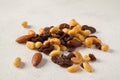 Nuts mixture of almond, cashew, peanut and raisin on table Royalty Free Stock Photo