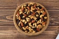 Nuts mixture of almond, cashew, peanut and raisin in wooden plate Royalty Free Stock Photo