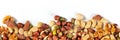 Nuts panorama with a place for text. A mix of peanuts, hazelnuts, walnuts, pistachios, cashews and almonds