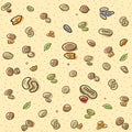 Nuts pattern with colored icons isolated on light yellow background