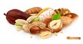 Nuts. Peanut, hazelnut, pistachios, almond and cocoa bean. 3d vector illustration