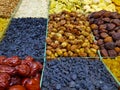 Nuts, raisins, almonds dried fruits background exotic Royalty Free Stock Photo