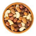 Mixed Dry Fruits and Nuts in Wooden Bowl â Healthy Snack of Almonds, Cashews, Raisins, Hazelnuts Royalty Free Stock Photo