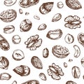 Nuts seamless pattern. Dried fruit and nut endless vector texture Royalty Free Stock Photo