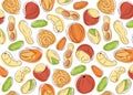 Nuts seamless pattern in line art, flat style. Pistachios, hazelnut, almond, cashew, walnuts, macadamia, peanut and Royalty Free Stock Photo