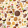 Nuts seamless pattern. Pecan and almond, macadamia and pistachios, peanut and cashew, hazelnut and walnut, brazil nut