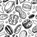 Nuts seamless pattern. Seeds and granule, corn and grain. Hazelnut, Walnut, Almonds. Food concept. Top view background Royalty Free Stock Photo