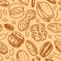 Nuts seamless pattern. Seeds and granule, corn and grain. Hazelnut, Walnut, Almonds. Food concept. Top view background Royalty Free Stock Photo