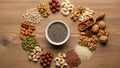 Nuts and seeds are arranged in a circular pattern on a wooden Royalty Free Stock Photo