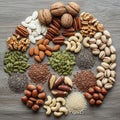 Of nuts and seeds are arranged in a circular pattern on a wooden Royalty Free Stock Photo