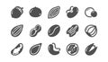 Nuts and seeds icons. Hazelnut, Almond nut and Peanut. Classic set. Vector