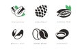 Nuts and seeds icons set, pistachio, cedar nut, cocoa pod, brazil, coffee beans, coconut monochrome vector Illustration