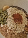 Nuts, seeds, oats, flax, peanut butter