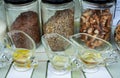 Nuts, seeds and oil pressed from them for tasting Royalty Free Stock Photo