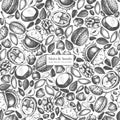 Vector background with hand drawn nuts and seeds sketches. Hazelnut, walnut, pine nut, chestnut, sunflower, flax and pimpkin seeds