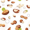 Nuts and seeds pattern. Cartoon seamless texture of healthy walnut nutrition. Organic peanut and macadamia, pistachio and hazelnut