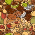 Nuts and seeds seamless pattern vector illustration. Different nut and seed colored background. Royalty Free Stock Photo