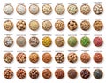 Collection nuts and seeds isolated on white background. pecans, hazelnuts, walnuts, pistachios, almonds, macadamia, cashews, Royalty Free Stock Photo