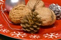 Nuts, Silver and Golden Fir Cones and a Silver Globe on a red Christmas plate