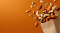 Nuts soar from a playful paper bag against a warm orange backdrop Generative AI