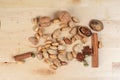 Nuts spice mix on rustic wood Royalty Free Stock Photo