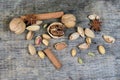 Nuts spice mix on rustic wood Royalty Free Stock Photo