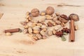 Nuts spice mix on rustic wood Royalty Free Stock Photo