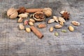 Nuts spice mix on rustic wood Royalty Free Stock Photo