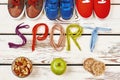 Nuts, sport footwear and shoelaces.