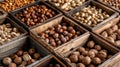 nuts, such as walnuts and hazelnuts, presented in wooden boxes, with a background of various whole peanuts arranged on Royalty Free Stock Photo