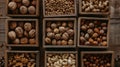 nuts, such as walnuts and hazelnuts, presented in wooden boxes, with a background of various whole peanuts arranged on Royalty Free Stock Photo