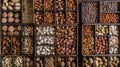 nuts, such as walnuts and hazelnuts, presented in wooden boxes, with a background of various whole peanuts arranged on Royalty Free Stock Photo