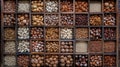 nuts, such as walnuts and hazelnuts, presented in wooden boxes, with a background of various whole peanuts arranged on Royalty Free Stock Photo