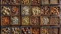nuts, such as walnuts and hazelnuts, presented in wooden boxes, with a background of various whole peanuts arranged on Royalty Free Stock Photo