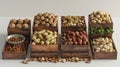 nuts, such as walnuts and hazelnuts, presented in wooden boxes, with a background of various whole peanuts arranged on Royalty Free Stock Photo