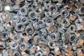 Nuts. Texture. A lot of rubberized nuts for bolts and screws. Background for wallpaper. Female screw. Screw-nut. Internal screw Royalty Free Stock Photo