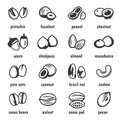 Nuts varieties bold black silhouette and line icons, pictograms set isolated on white.