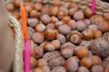 Nuts and walnuts . Close-up of walnuts and hazelnuts as background . Mix of hazelnut and walnuts with hard shell . dried hazelnuts