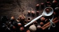 Nuts on a wooden table.Hazelnuts in the shells and shelled. A wooden spoon and nuts on a brown table Royalty Free Stock Photo