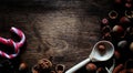 Nuts on a wooden table.Hazelnuts in the shells and shelled. A wooden spoon and nuts on a brown table. Royalty Free Stock Photo