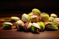 Nutty Elegance on Wood: A stylish portrayal of pistachios on a wooden surface, blending elegance with the wholesome