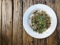 Nutty Fusilli Italian pasta with chicken, vegetables, Arugula and pesto sauce. Gluten free dish. Flat lay. Top view