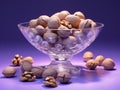 Nutty Splendor: Crystal Bowl of Mixed Nuts on a Smooth Lavender Canvas