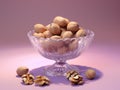 Nutty Splendor: Crystal Bowl of Mixed Nuts on a Smooth Lavender Canvas