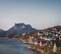 Nuuk capital of Greenland with Beautiful small colorful houses in myggedalen during Sunset Sunrise Midnight Sun